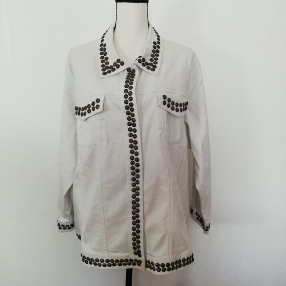 DG2 Diane Gilman Heavily Embellished Studded White Denim Snap Down Jacket 2X - Picture 1 of 9